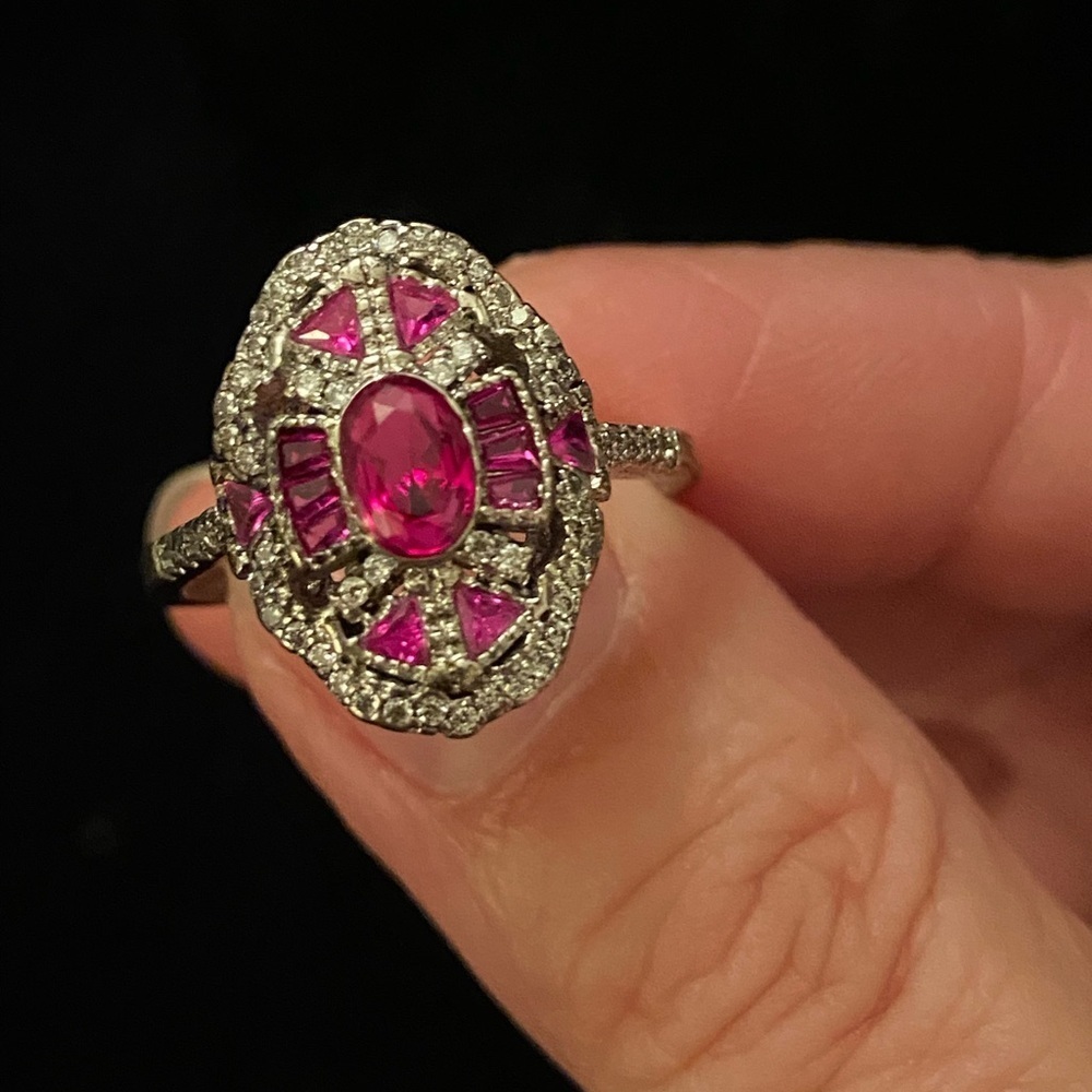 Vintage Art Deco Style Oval Ruby Lab Created Diamond Sterling Silver Ring 9.75 - Picture 2 of 12